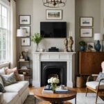 A Living Room with vintage modern accents, high ceilings, fireplace, tv and artwork