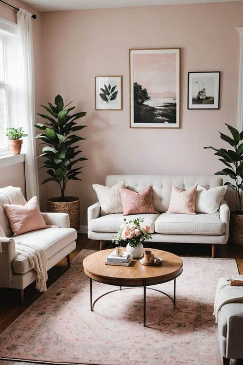 A Modern Vintage Living Room with a blush area rug and two couches 