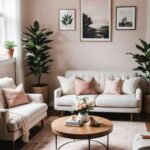 A Modern Vintage Living Room with a blush area rug and two couches