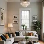 A Modern Vintage Living Room with a fluted glass light fixture, high ceilings, and 2 couches with colored pillows