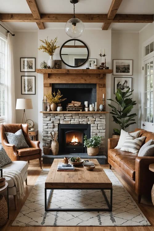 A Modern Vintage Living Room with natural elements, couch, chairs and fireplace 