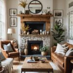 A Modern Vintage Living Room with natural elements, couch, chairs and fireplace