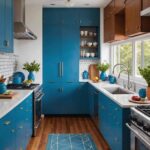 A chic galley style mid-century modern kitchen with blue cabinets and wood floors (1)