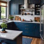 A chic mid-century modern kitchen with dark blue cabinets and island with white countertops