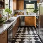 A chic mid-century modern kitchen with geometric tile floors