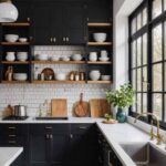 A chic mid-century modern kitchen with geometric tile floors and black cabinets