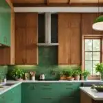 A chic mid-century modern kitchen with green lower cabinets and wood upper cabinets and island