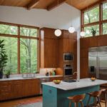 A chic mid-century modern kitchen with high ceilings and teal island with whit counters