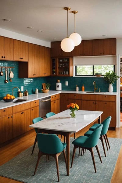 A chic mid-century modern kitchen with wood cabinets , table with white top and teal blue chairs