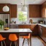 A chic mid-century modern kitchen with wood cabinets and table with white top and orange chairs