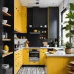 A chic mid-century modern kitchen with yellow and black cabinets and black and white tile floors (1)