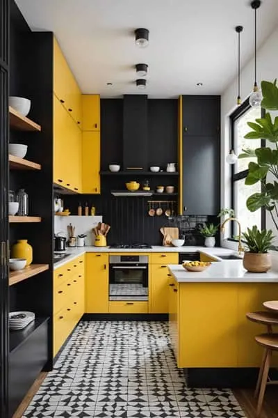 A chic mid-century modern kitchen with yellow and black cabinets and black and white tile floors