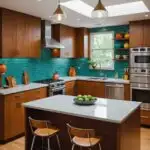 A chic mid-century modern kitchen wood cabinets, teal tile backsplash and white counters (1) (1)