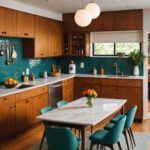 A chic mid-century modern kitchen wood cabinets, teal tile backsplash and white counters