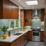 A chic mid-century modern kitchenslate floors, wood cabinets and light green backsplash