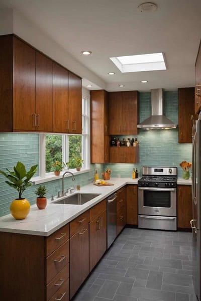 A chic mid-century modern kitchen with slate floors, wood cabinets and light green backsplash