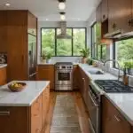 A galley style mid-century modern kitchen with wood cabinets and white counters