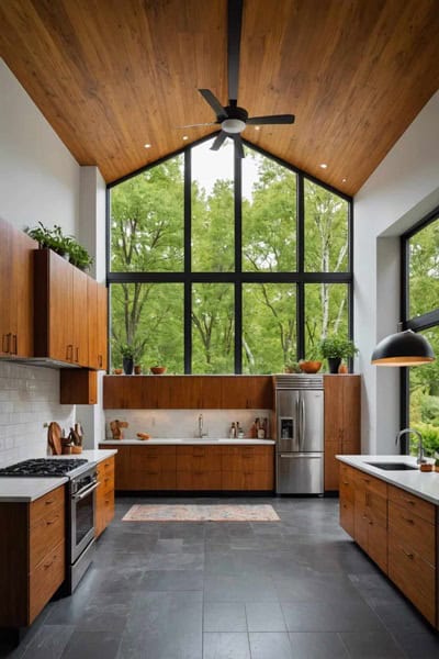 A large mid-century modern kitchen terrazzo gray floors and wood cabinets