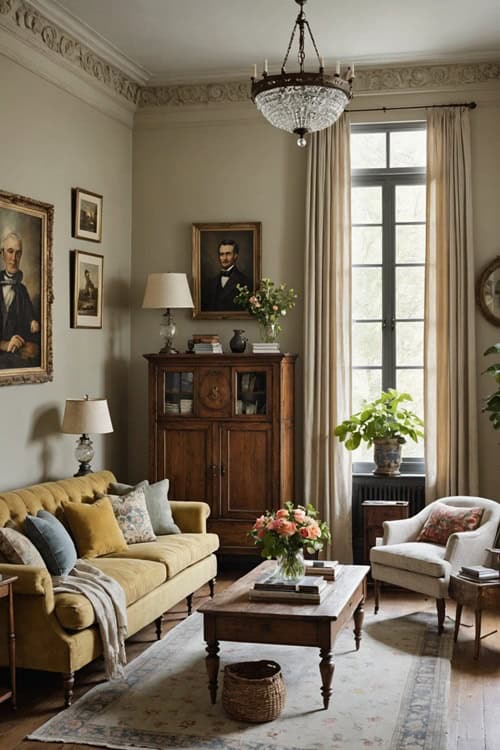 A living room with Antique and vintage accents and large window with couch and chair 