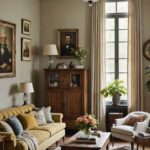 A living room with Antique and vintage accents and large window with couch and chair
