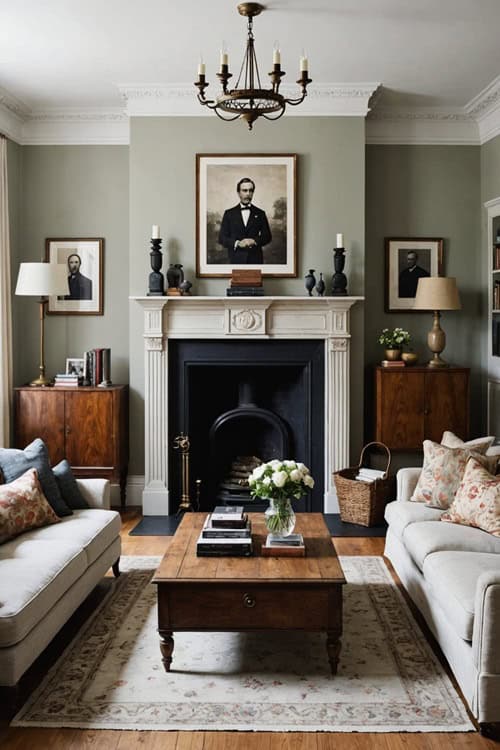A modern living room with Antique and vintage accents with green walls, two couches and a fireplace