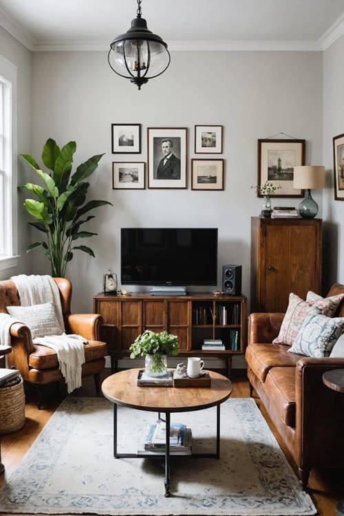 A small modern living room with Antique and vintage accents, camel colored couch and chairs 