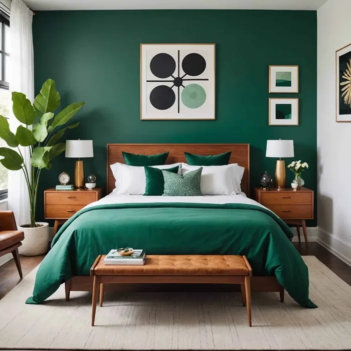 Mid-century modern bedroom with emerald green accents