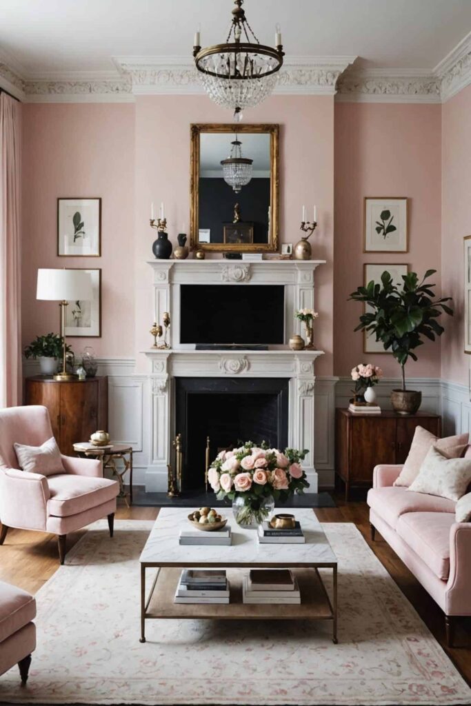 Modern Antique,vintage living room with subtle blush accents