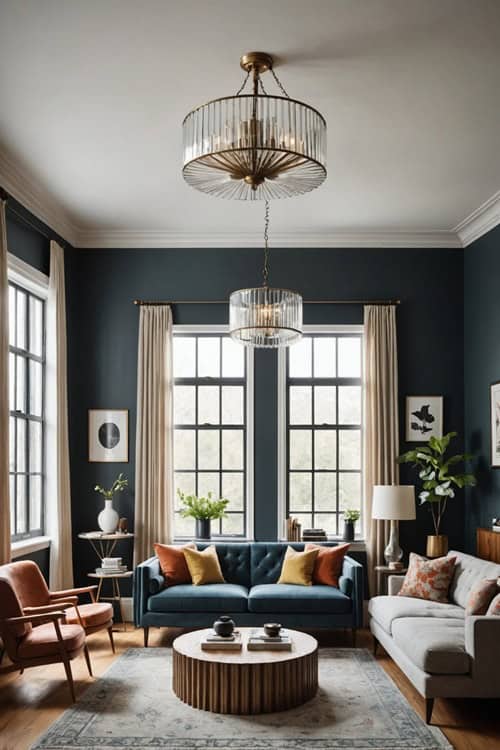 Modern Vintage Living room with a A fluted glass light fixture, dark walls, and blue couch