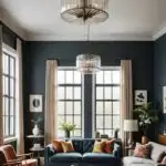 Modern Vintage Living room with a A fluted glass light fixture, dark walls, and blue couch