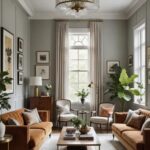 Modern Vintage Living room with a A fluted glass light fixture, orange couches and art work on the walls