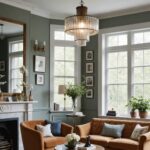 Modern Vintage Living room with a fluted glass light fixture, camel colored couches and green walls
