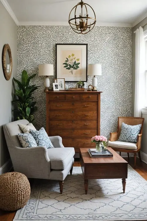Modern Vintage Living room with a stenciled accent wall 
