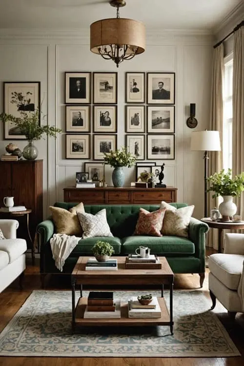 Modern Vintage Living room with chic green couch and vintage photos on the wall 