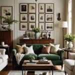 Modern Vintage Living room with chic green couch and vintage photos on the wall