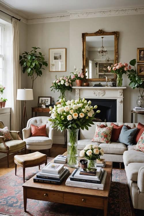 Modern Vintage Living room with fresh flowers 