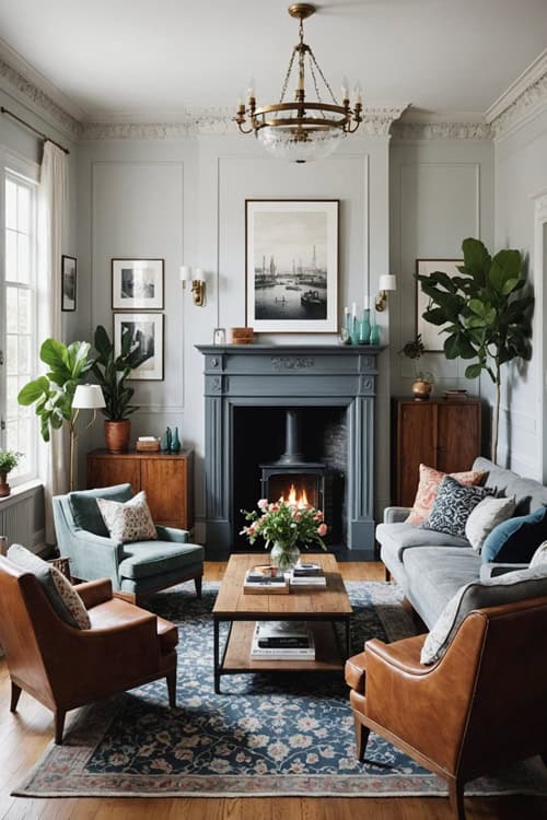 a vintage modern living room with blue gray fireplace, gray couch and chairs