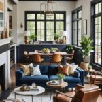 an open concept living room in a vintage modern style