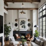 an open concept living room in a vintage modern style with 4 chairs and a gray couch