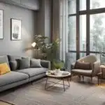 apartment living room with gray couch, wood floors, gray walls and large window