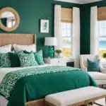 beachy bedroom with emerald green accents
