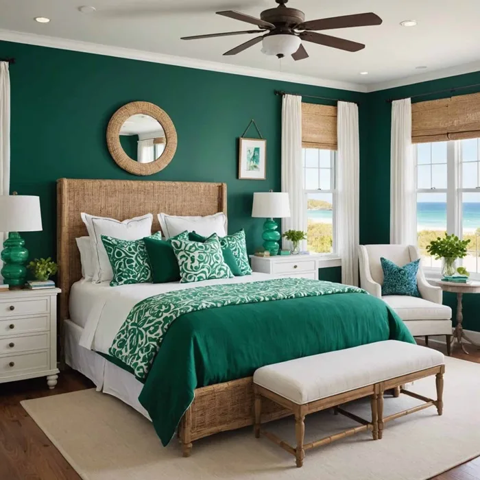 beachy bedroom with emerald green accents