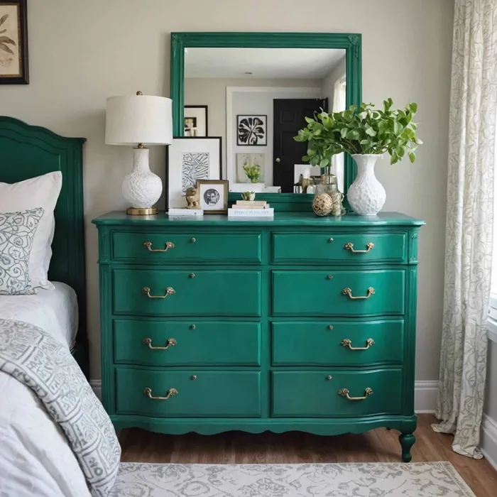 bedroom with an emerald green chalk painted dresser