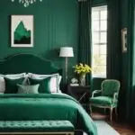bedroom with bed and emerald green accents