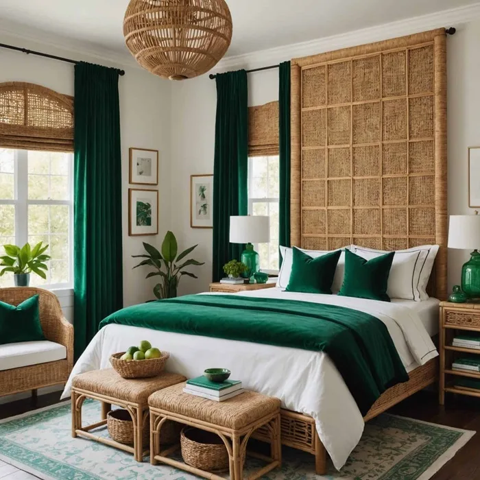 bedroom with rattan decor and emerald green velvet pillows and cutrains