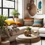 eclectic small living room with sectional and round coffee table