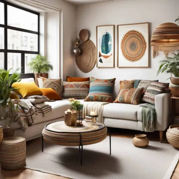 eclectic small living room with sectional and round coffee table