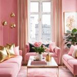 elegant living room with pink walls, couch and decor