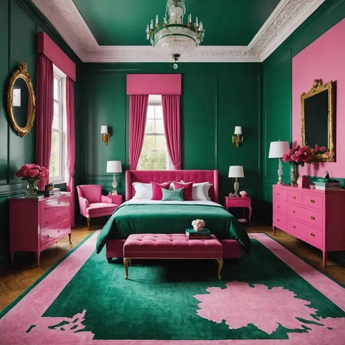 large bedroom with an emerald green and pink color combination