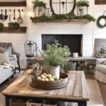 living room in a farmhouse style with seating and large coffee table